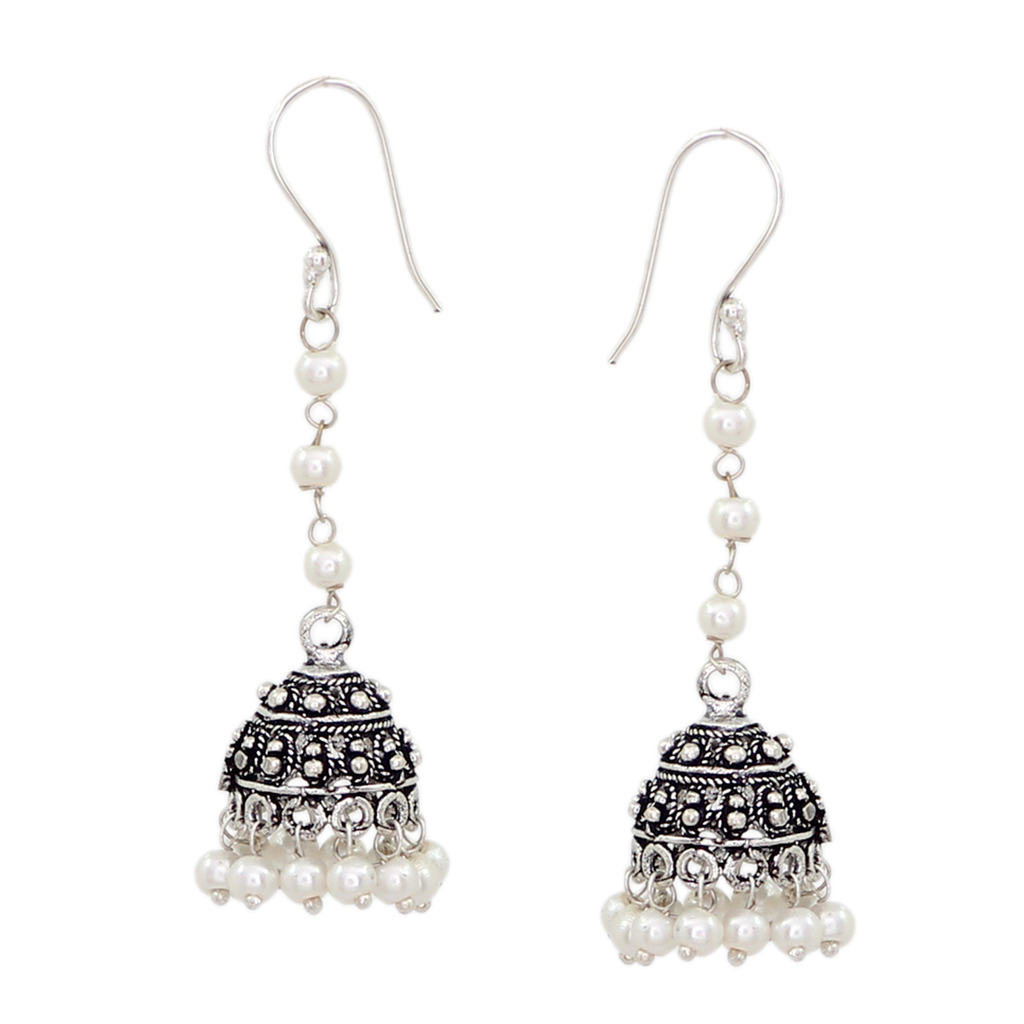 Pearl Chain Hanging Oxidized Silver Tone Women Jhumka Jhumki Earrings