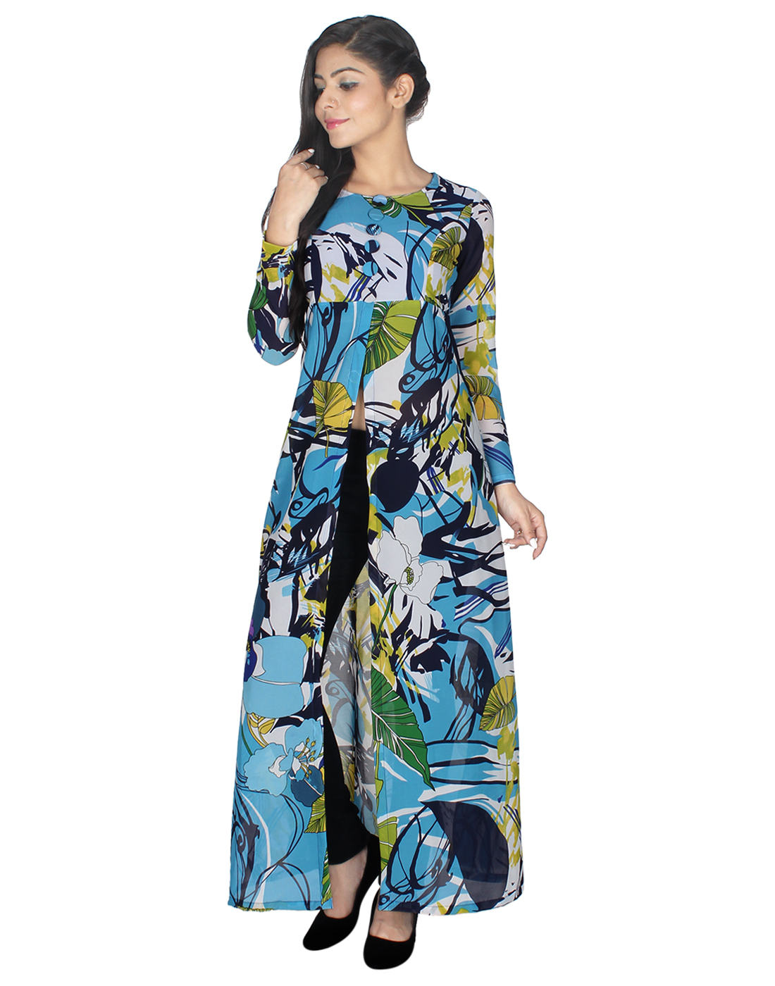 Buy Blue Full Sleeve Front Open Long Kurti at Lowest Price