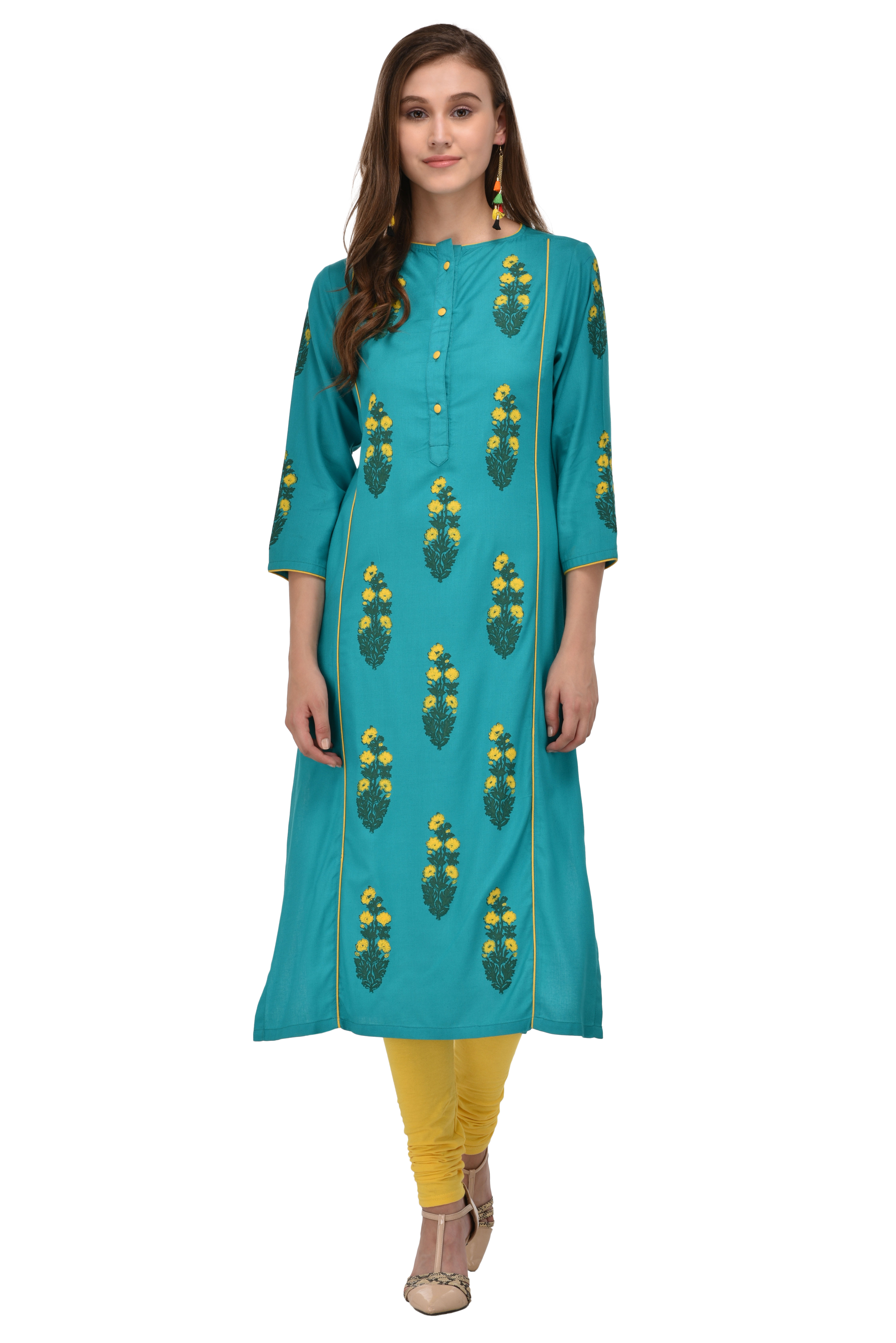 Sgatra Women Rayon Kurta Turquoise Blue Printed Straight Kurti